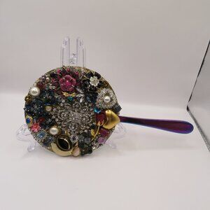 Hand Crafted Handheld Upcycled Jeweled Mirror - Hearts & Brooches